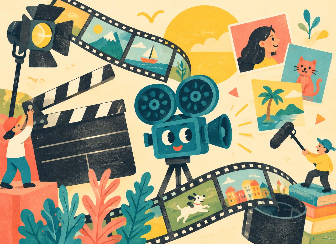 Illustrated film set with camera and film strips